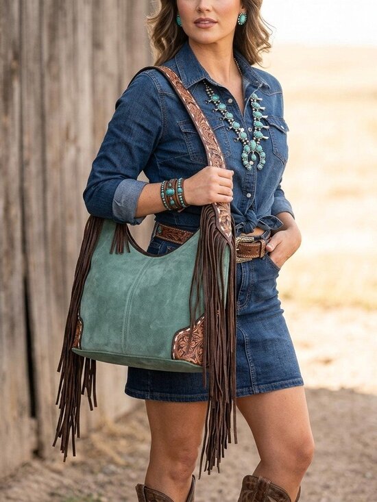 American Darling Handbags - American Darling Turquoise Skys Boho Fringe Suede Shoulder Bag